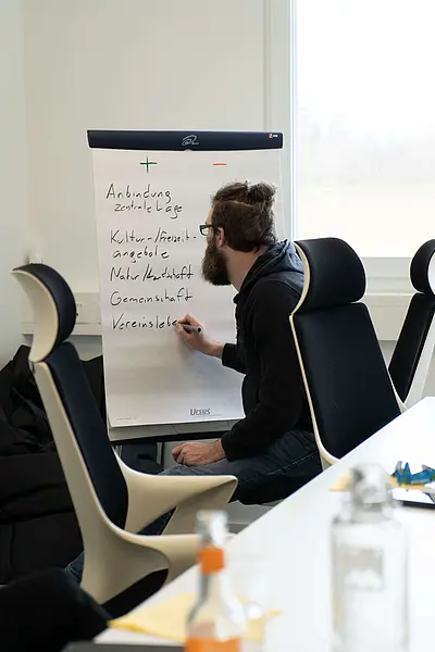 Mann schreibt auf Flipchart