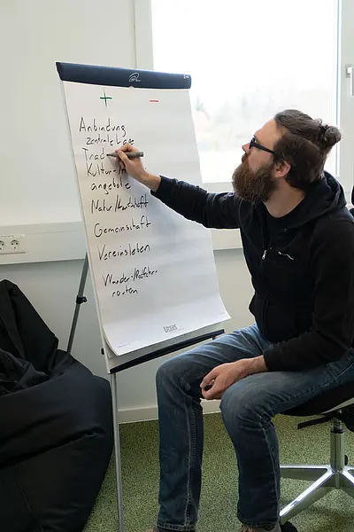 Mann schreibt auf Flipchart